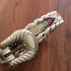 Vintage Al Beret native American Indian beaded white leather belt.German silver
